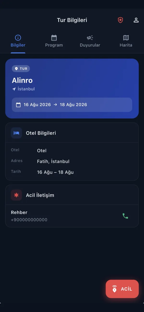 Alinro misafir ekranı: tur bilgileri ve acil iletişim