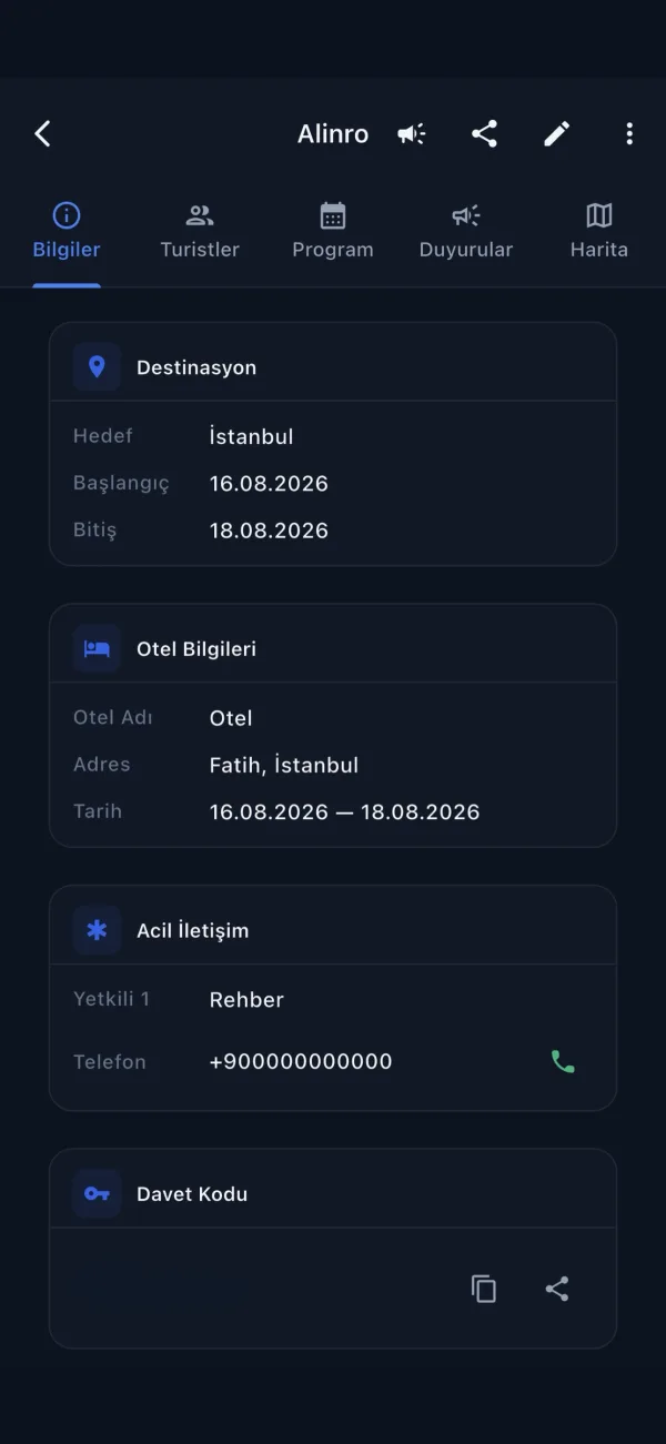 Alinro rehber ekranı: tur künyesi, otel ve davet kodu