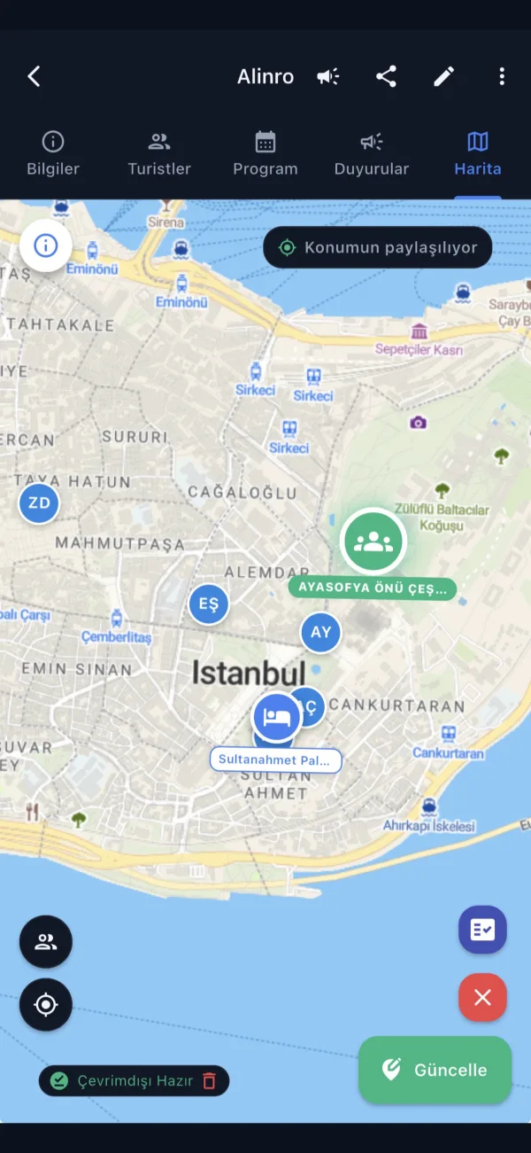 Alinro rehber ekranı: grup üyelerinin konumları harita üzerinde görünüyor