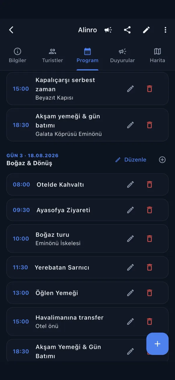 Alinro rehber ekranı: programa durak ve saat ekleme