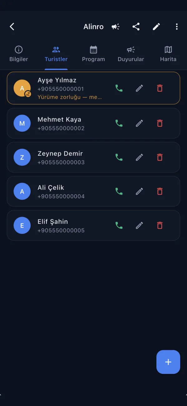 Alinro rehber ekranı: üye listesi ve yoklama durumu